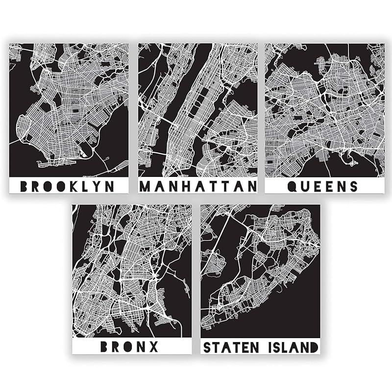 Five Boroughs NYC Map Prints - New York City Wall Art Black & White | Manhattan Brooklyn Bronx Qu... | Amazon (US)