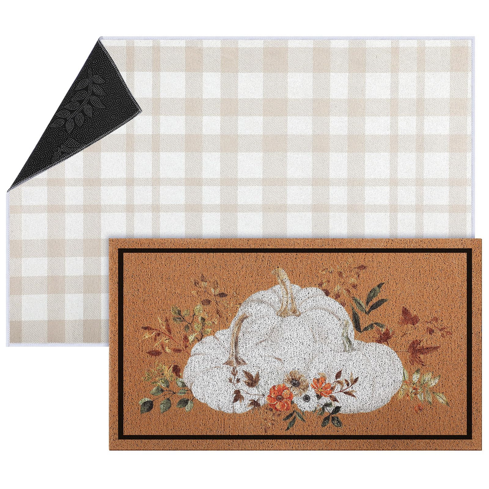 2 Pcs Fall Doormat Neutral Pumpkin Front Door Mat Autumn Buffalo Plaid Rug Combo Set Christmas Do... | Amazon (US)