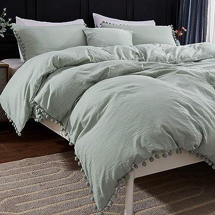 Andency Pom Pom Fringe Duvet Cover Queen Size (90x90 Inch), 3 Pieces (1 Solid Sage Green Duvet Co... | Amazon (US)