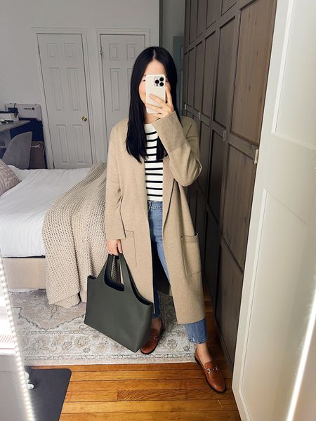 J.Crew Ella sweater blazer (XXS)
Beige coatigan
Beige sweater coat
striped sweater (XS)
High waisted mom jeans 28S)
Olive green tote bag
Cuyana System tote
Brown loafers (TTS)
Smart casual outfit
Spring work outfit
Teacher outfit
Abercrombie outfit 

#LTKsalealert #LTKworkwear #LTKSpringSale