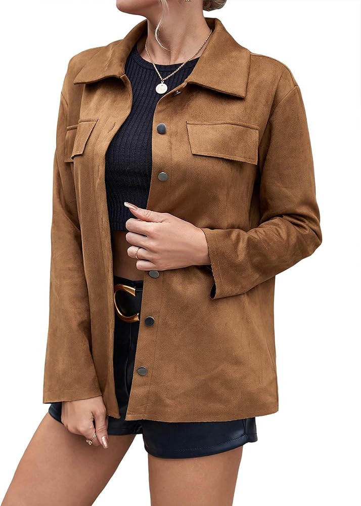 SOMTHRON Women's Faux Suede Shirt Jacket Soft Lapel Snap Button Down Solid Oversized Shacket Coat | Amazon (US)