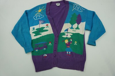 Vintage Koret Sport Knit Cardigan Sweater Womens Large Purple Blue Golf Themed | eBay US