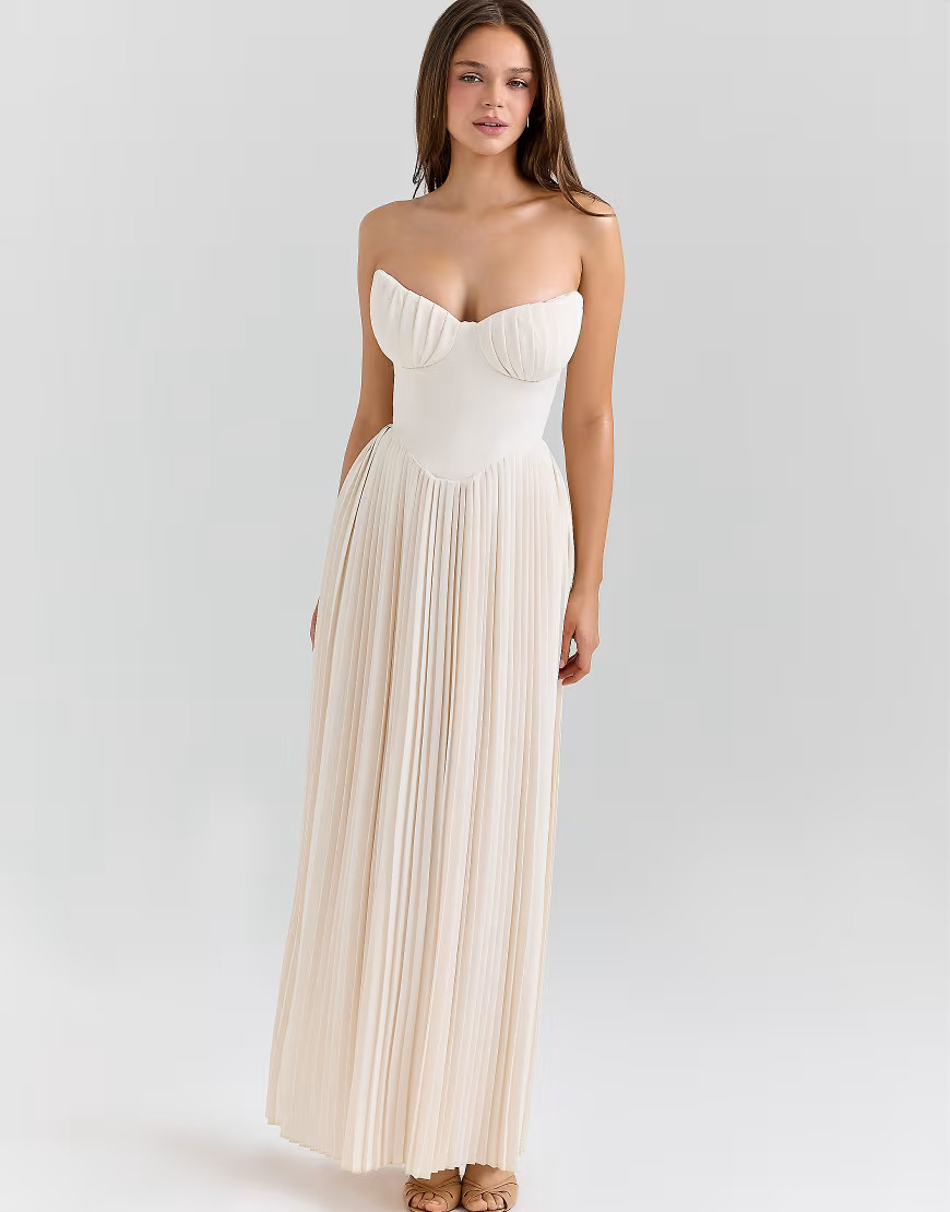 House of CB Marcella ivory georgette pleated maxi dress in ivory-White | ASOS (Global)