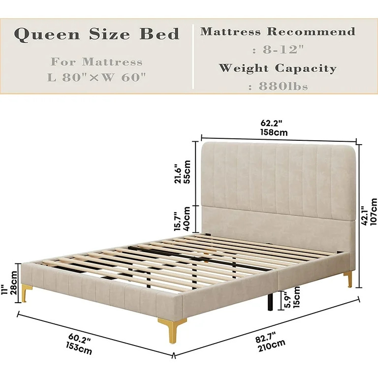 LIKIMIO Queen Upholstered Bed Frame with Strong Supports, Velvet/Beige | Walmart (US)