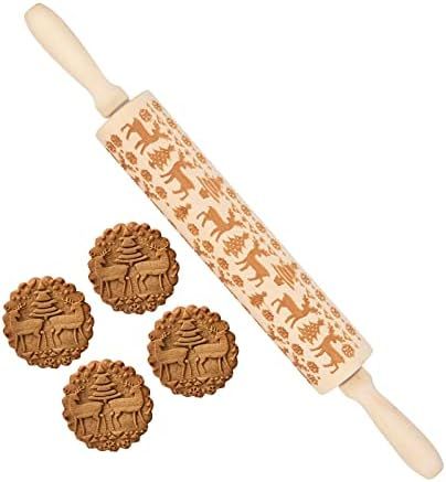 ABAIN Rolling Pin, Embossed Wooden Rolling Pin 43CM for Baking Embossed Cookies, Natural Wood Eng... | Amazon (US)