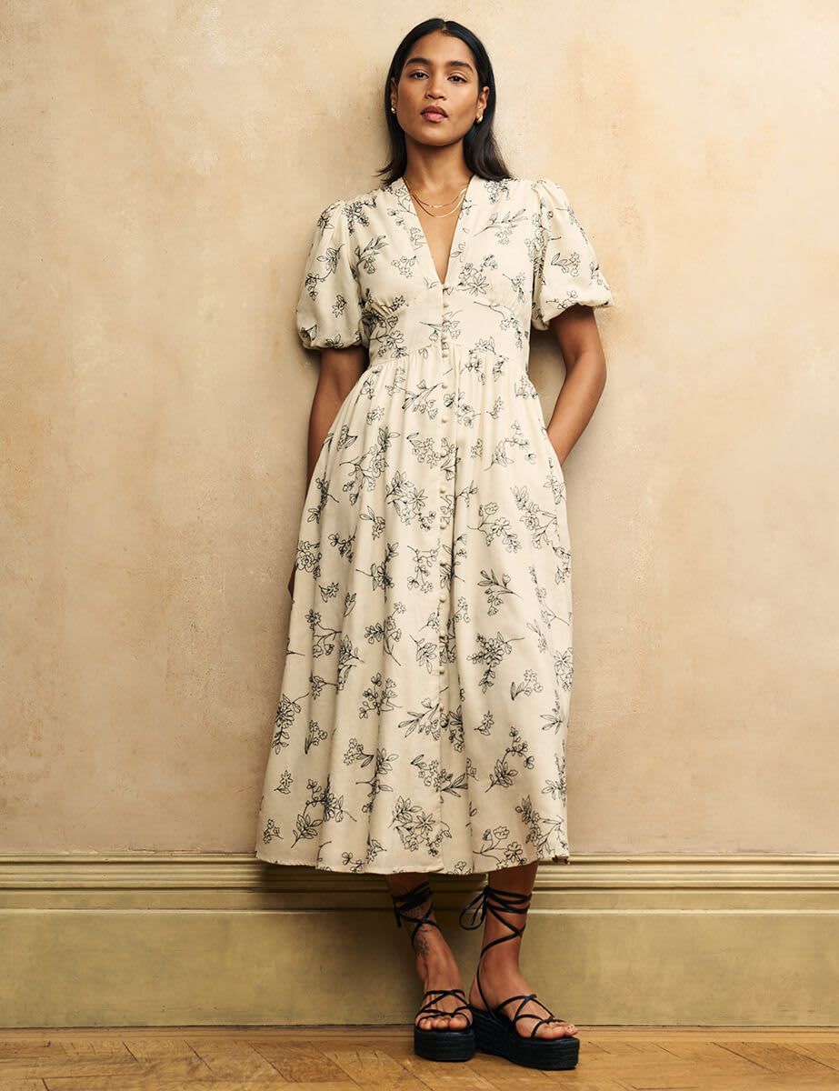 Cream Embroidered Linen-blend Starlight Midi Dress | Nobody's Child