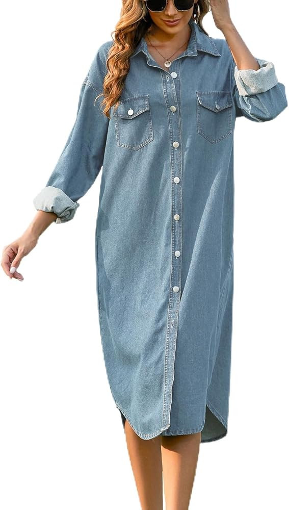 Women Button Down Denim Midi Shirt Dress Long Sleeve Jean Dress with Pockets | Amazon (US)