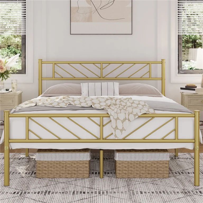 Easyfashion Justice Metal Platform Bed with Arrow Design, Queen Size, Antique Gold | Walmart (US)