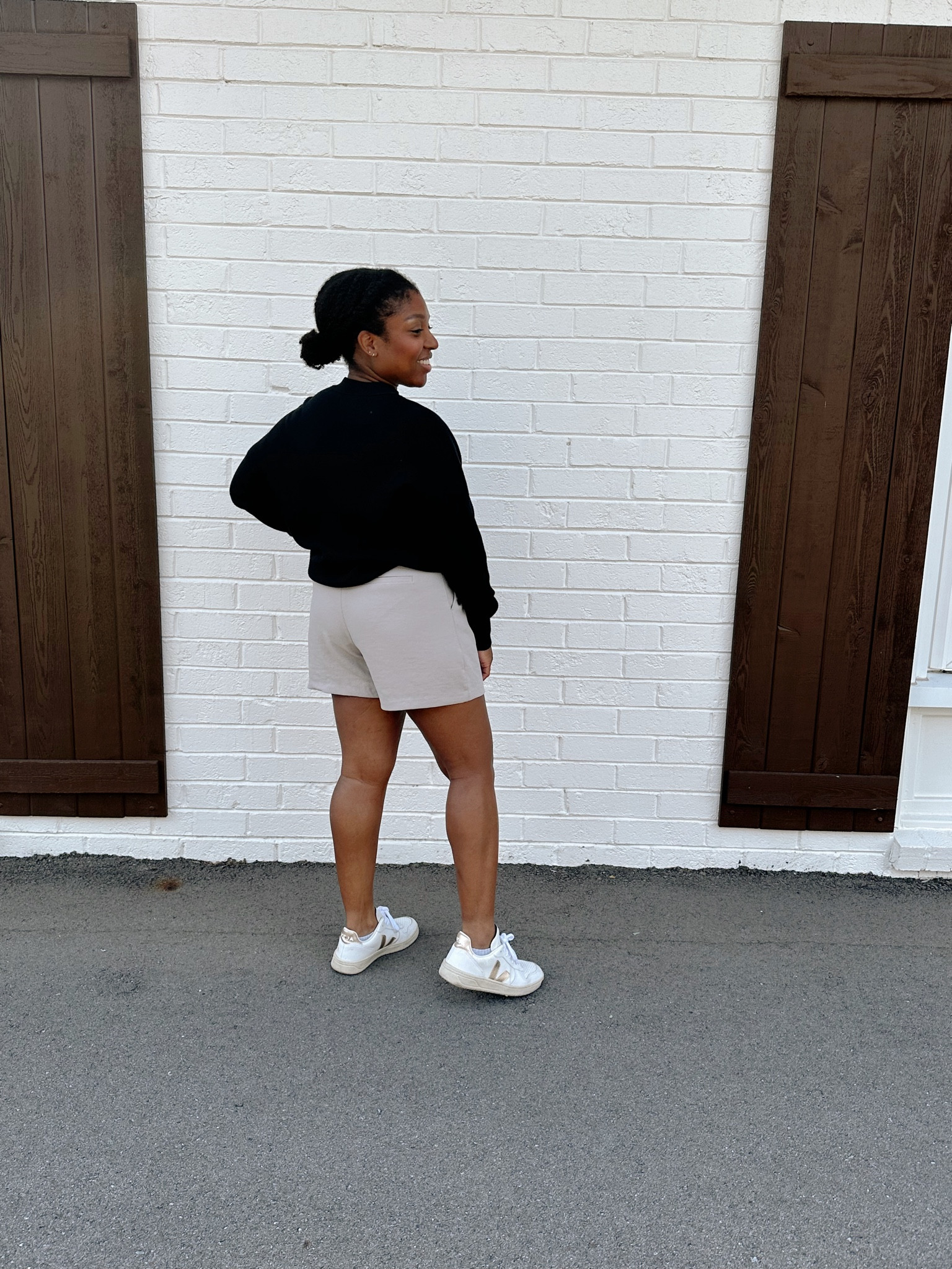 Easy fall transitional outfit for moms🧡🍂🍁

Sweater is old from Abercrombie but I’ll link something similar!

Trouser shorts size small 

Veja sneakers true to size 