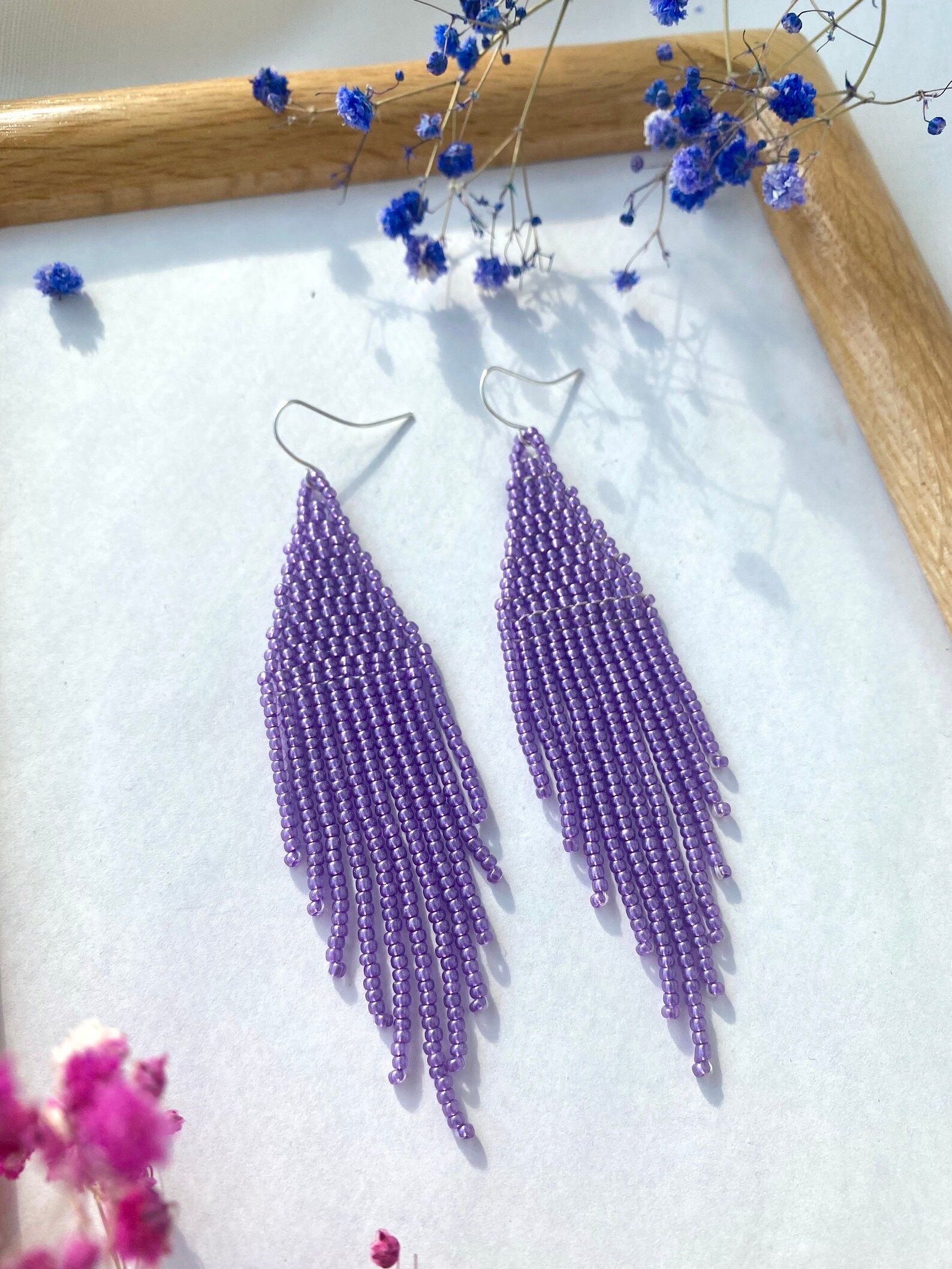 Purple Beaded Earrings Shiny Seed Bead Earrings Dangle Fringe Earrings Bright Violet Earrings Boh... | Etsy (US)