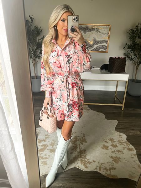 Church outfit. Spring style. Pink dress. Floral dress. White boots. White cowboy boots  

#LTKshoecrush #LTKstyletip #LTKSeasonal