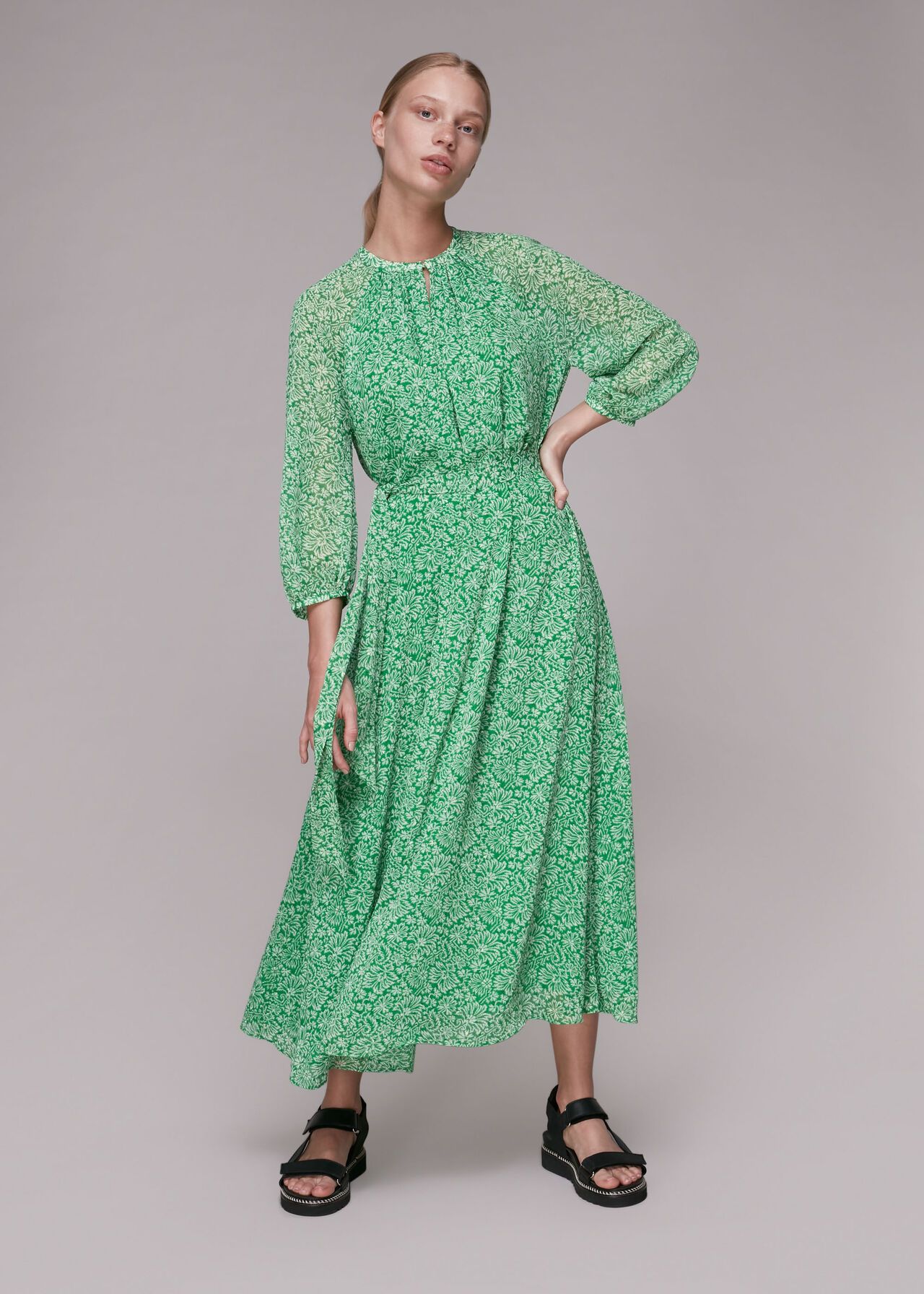 Green/Multi Indo Floral Trapeze Dress | WHISTLES | Whistles | Whistles