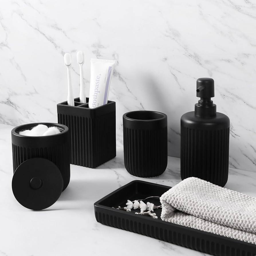 Resin Matte Black Bathroom Accessories Set 5 Pcs, Lotion Soap Dispenser, Toothbrush Holder, Bathr... | Amazon (US)