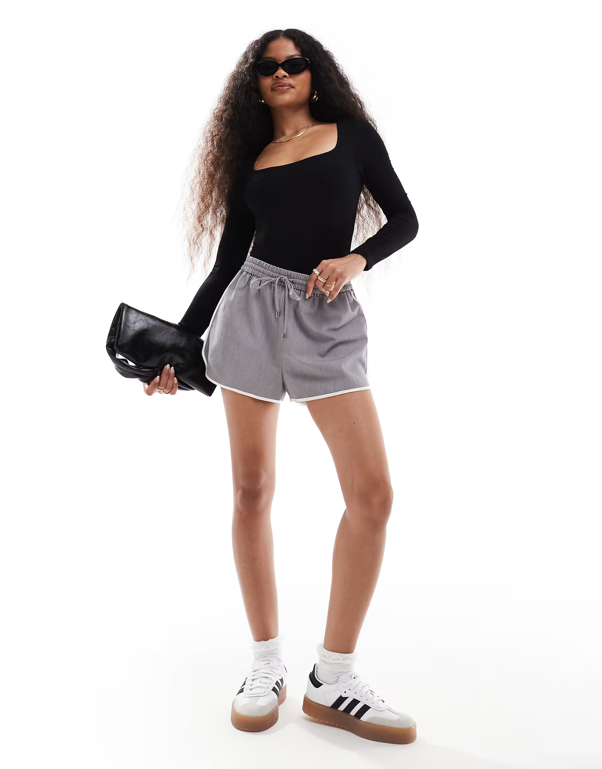 Miss Selfridge Petite long sleeve square neck bodysuit in black | ASOS (Global)