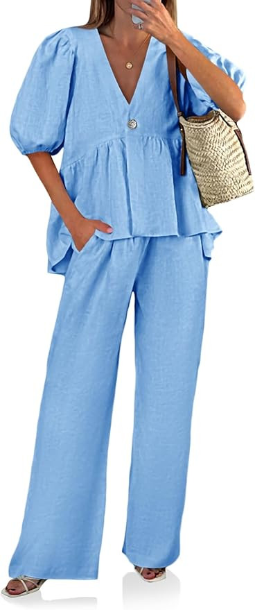 Tankaneo Womens 2 Piece Linen Sets Summer Vacation Outfits V Neck Puff Sleeve Babydoll Tops Wide ... | Amazon (US)
