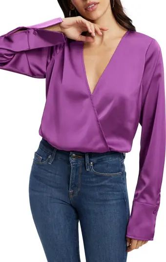 Long Sleeve Stretch Satin Faux Wrap Top | Nordstrom