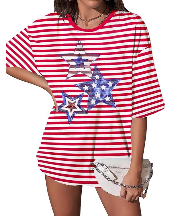 4th of July Shirts Women Patriotic Shirt American Flag Stars Tshirt Sequin Star Tops Oversized Gr... | Amazon (US)