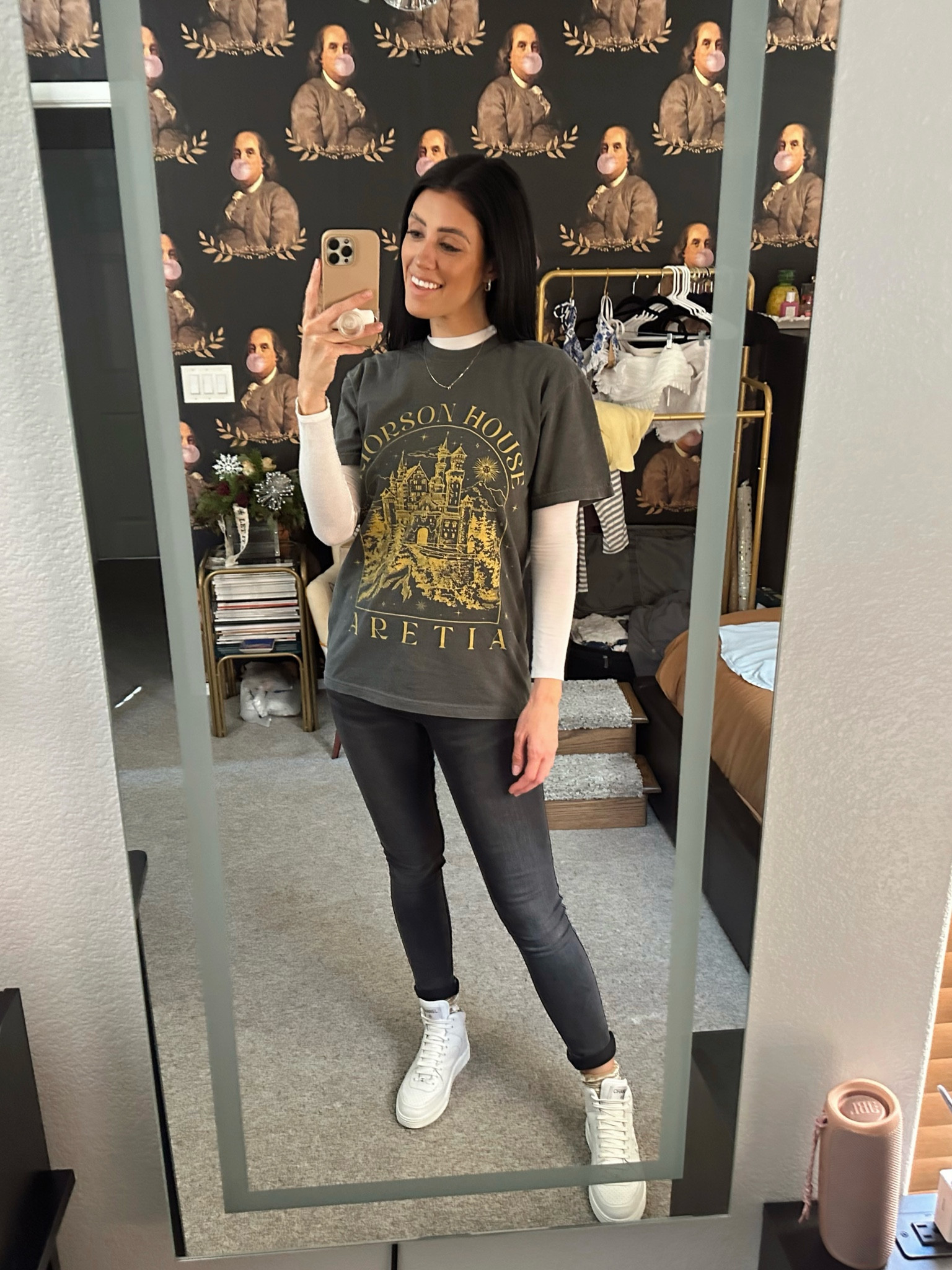 Fourth wing Xaden Riorson House book shirt
•layered tshirt outfit •Chanel high top sneakers •high waisted grey skinny jeans •velvet socks •white turtle neck •initial necklace •white hoop earrings •casual winter outfit •oversized tshirt outfit 

#LTKstyletip #LTKshoecrush #LTKSeasonal