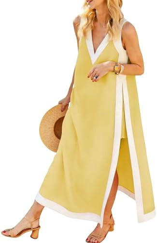 Hooever Women's 2 Piece Dress Sets Color Block Sleeveless V Neck Maxi Dress Matching Shorts with ... | Amazon (US)