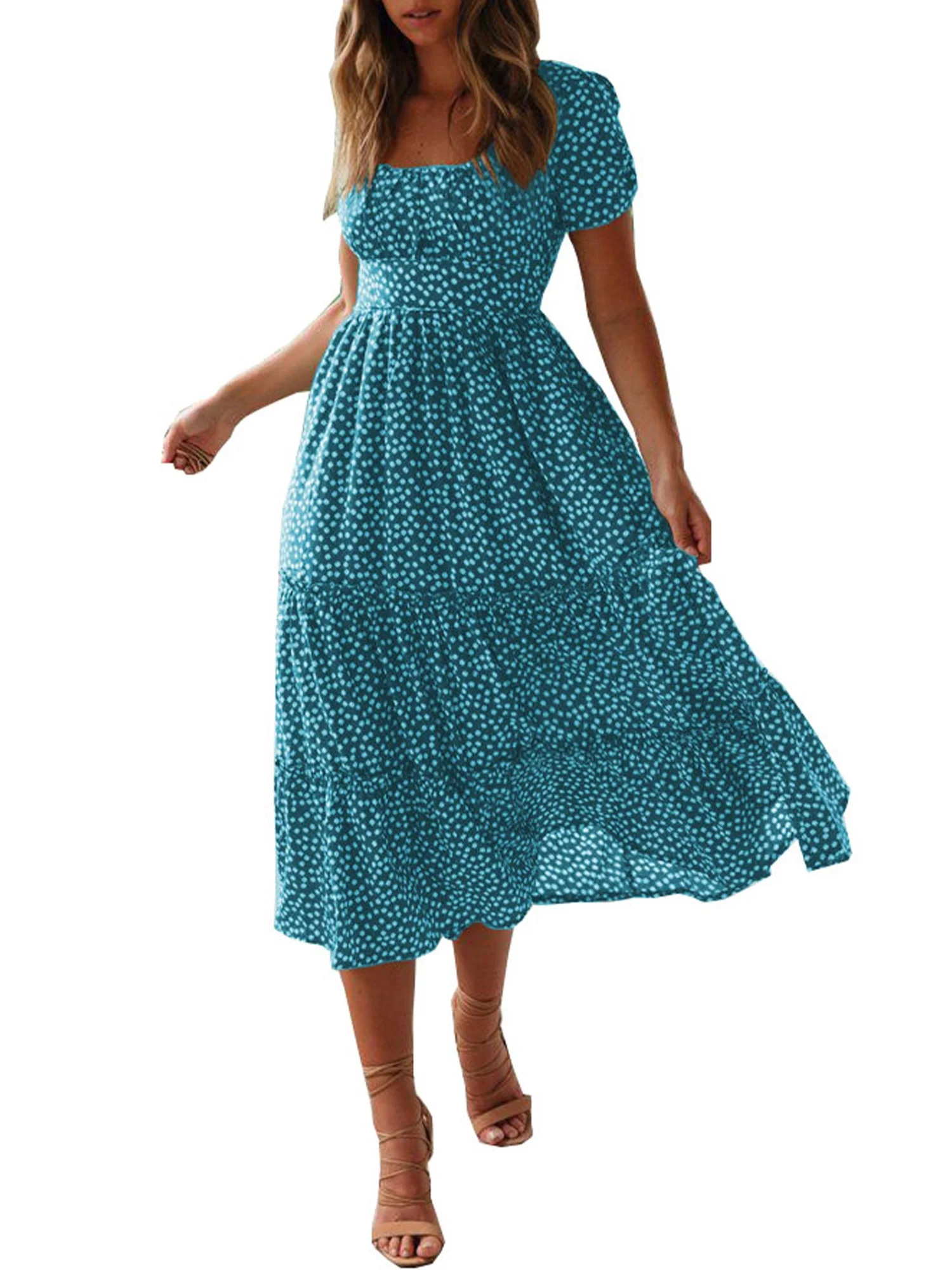 DYMADE Womens Square Neck Polka Dot Short Sleeve Ruffle Swing Dress | Walmart (US)
