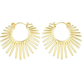 Sunburst-Style Hinged Hoop Earrings Trendy Statement Chunky Textured Huggie Earrings | Amazon (US)