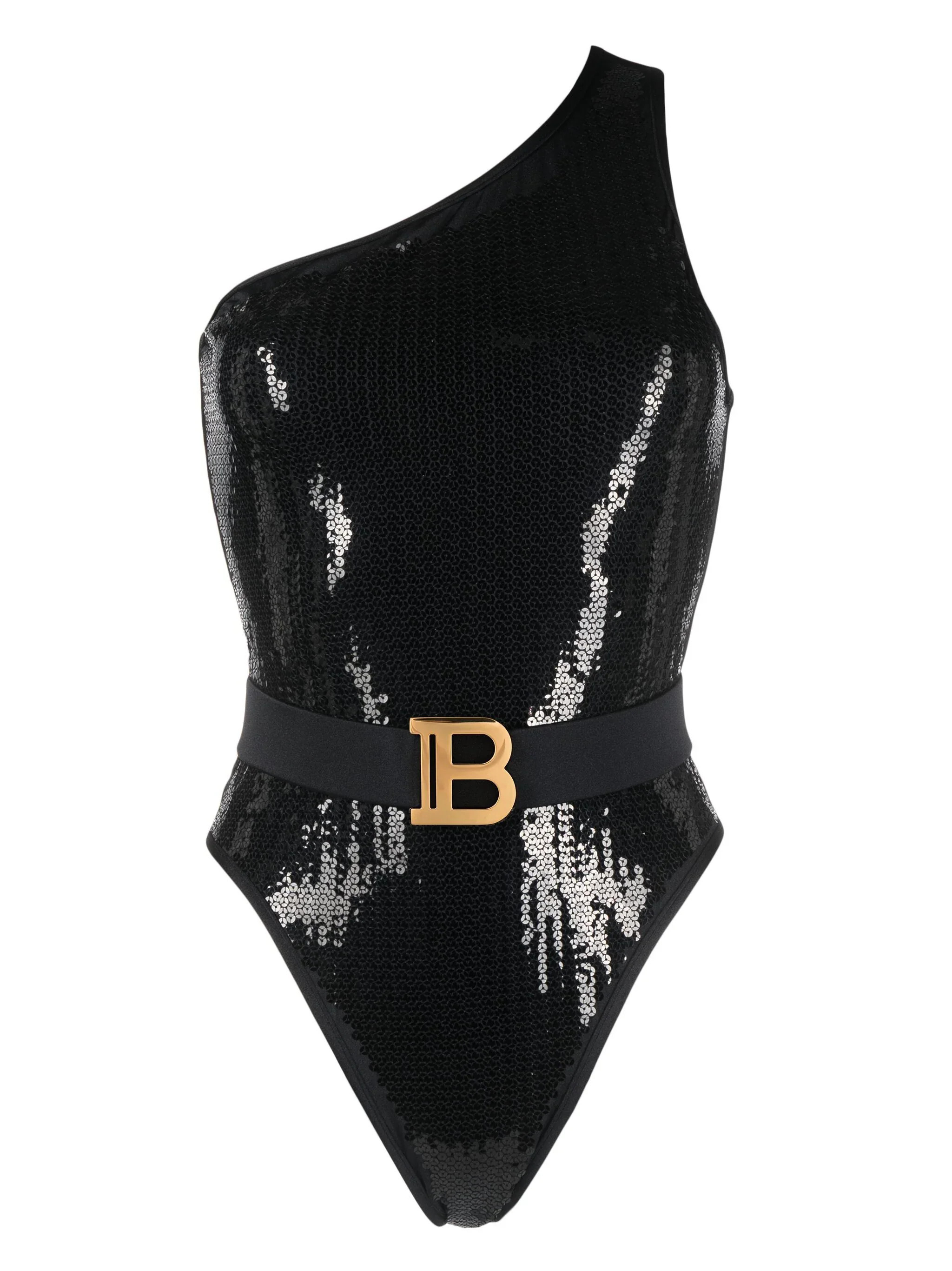 Balmain Sequined One-Shoulder Swimsuit — Black | Italist Inc.