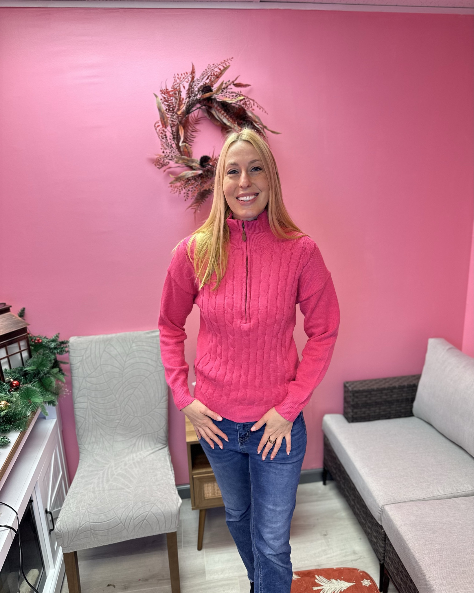 Bright pink half zip sweater 
💓I love the cute cable knit design 
💓 it does have stretch and fits loosely 
💓 wearing size small, fits true to size and I am 5’10”

#LTKFindsUnder100 #LTKTall #LTKFindsUnder50