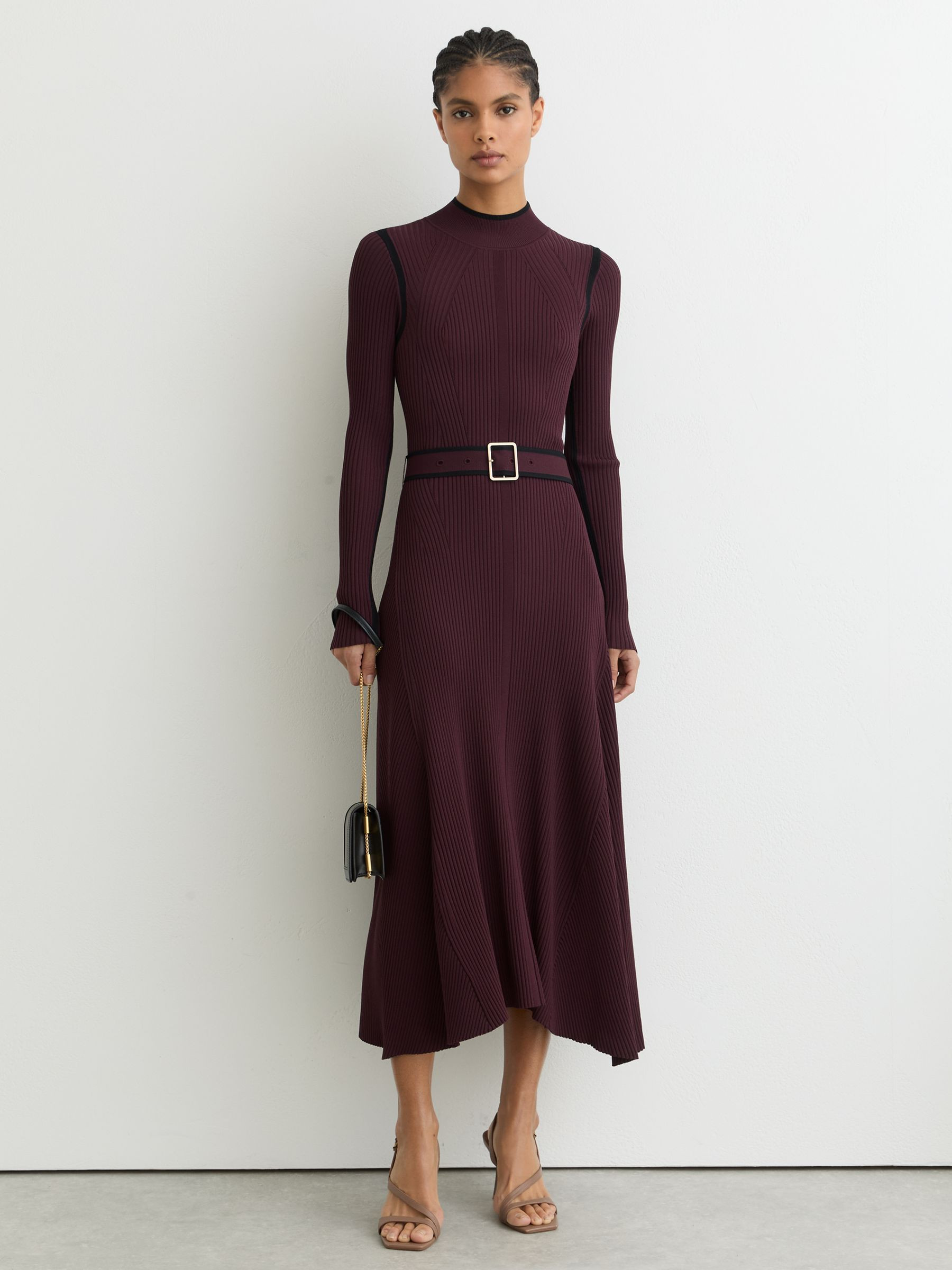 Reiss Colour-Block Rib-Knit Midi Dress in Burgundy/Black | REISS | Reiss US