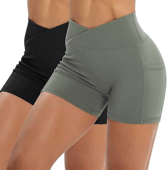 Workout Shorts for Women 2 Pcs Pack Cross Waist Active Gym Spandex Stretchy Yoga Compression with... | Amazon (US)