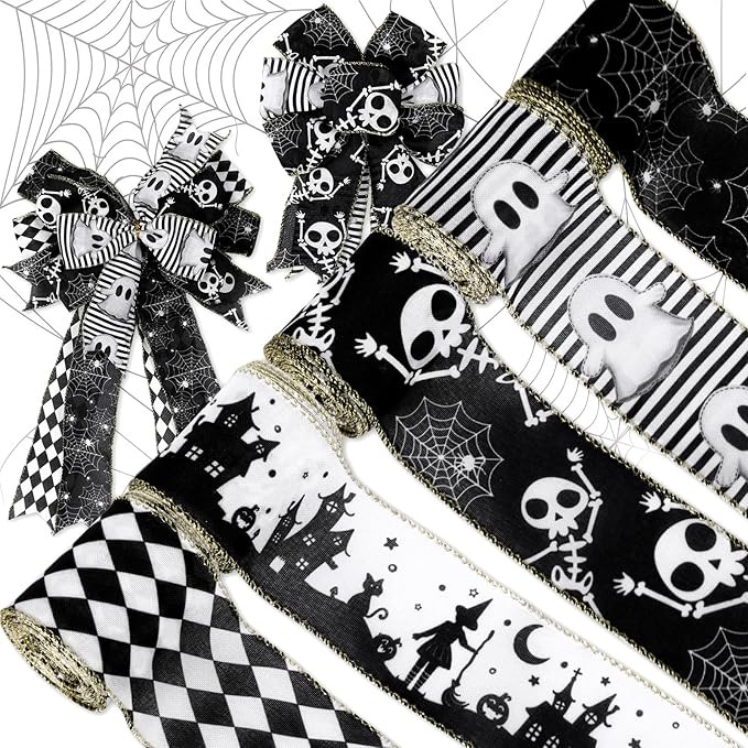 5 Roll Halloween Wired Edge Ribbon - 2.5 Inch, 30 Yards Ghost Skeleton Spider Web - White & Black... | Amazon (US)