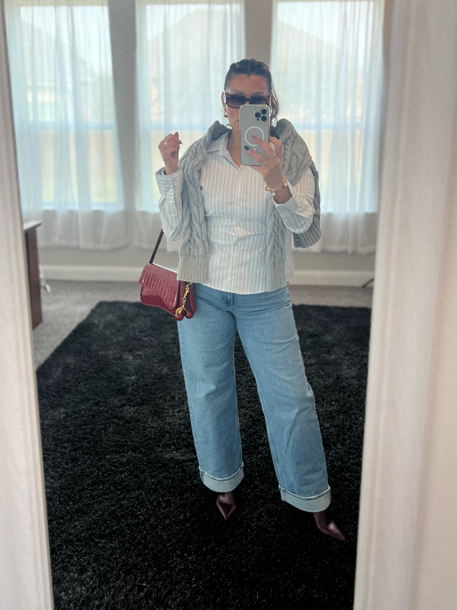 Fall-outfit, abercrombie jeans, shirt & cardigan, amazon boots, purse, sunglasses, cherry bag charm

#LTKStyleTip #LTKBeauty #LTKSeasonal