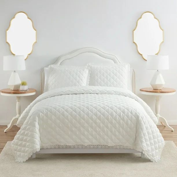 My Texas House Kendall Diamond Matte Satin Quilt Set, King, Bright White | Walmart (US)
