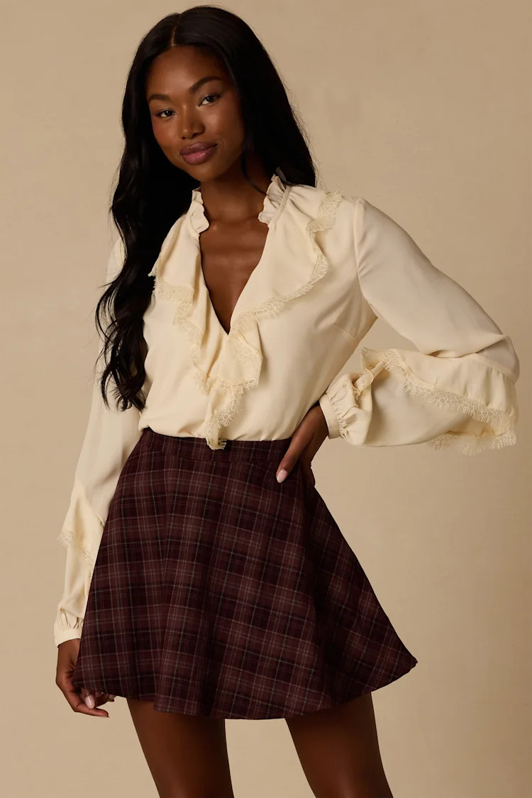 Addington Burgundy & Black Plaid Mini Skirt | Lulus