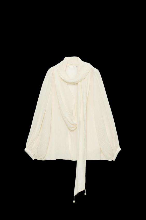 Zara - Zw Collection Tie-Neck Shirt - Ecru - L - Woman | Zara US