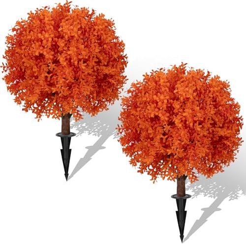 Set of 2 Artificial Orange Boxwood Topiary Ball Trees, 23" UV Resistant No Fade Outdoor Faux Fall Plants with Ground Spike, Fake Shrubs for Garden, Patio, Porch, Yard, Indoor Decor | Amazon (US)