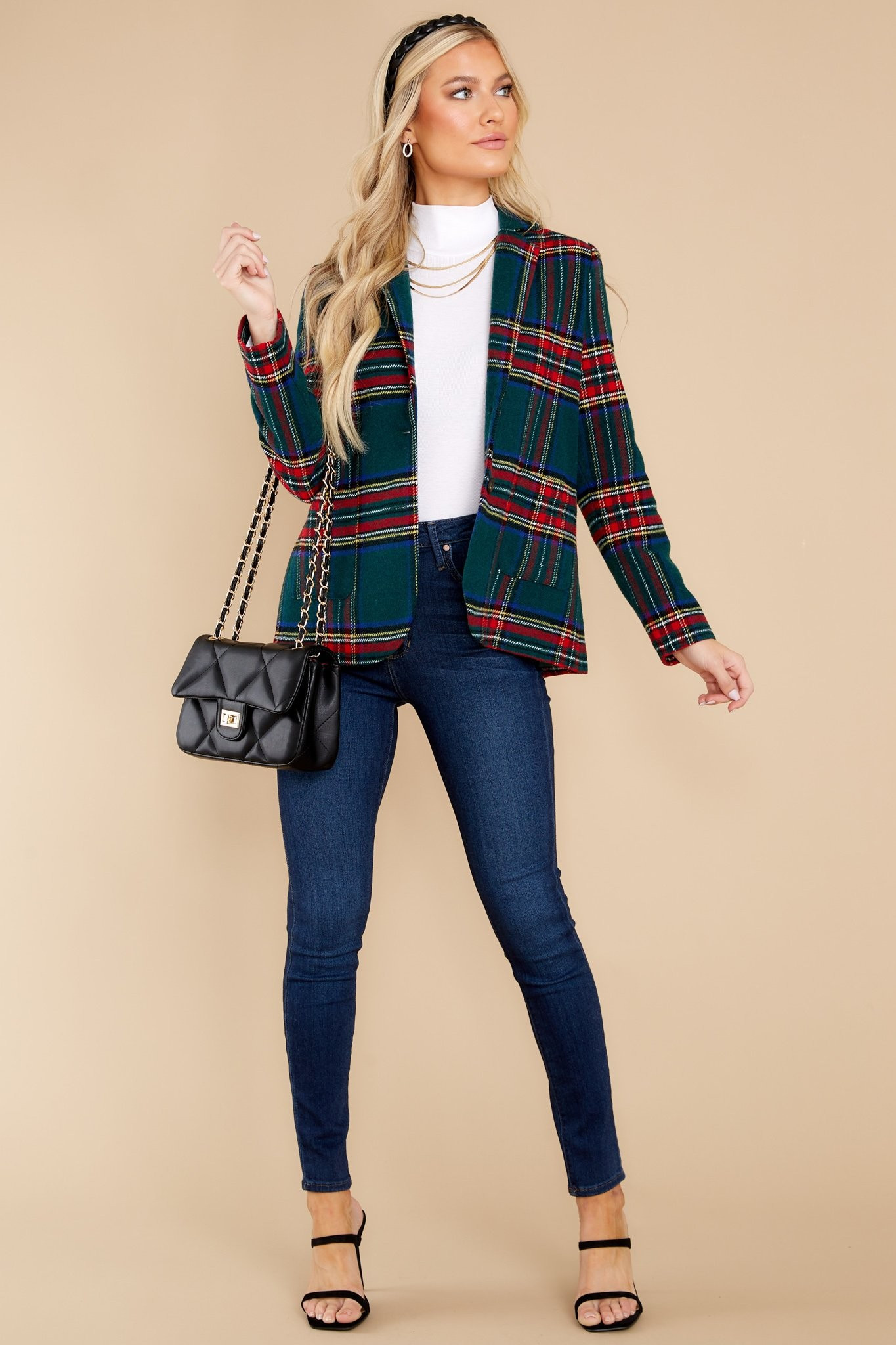 Dressed In Time Green Plaid Blazer | Red Dress 