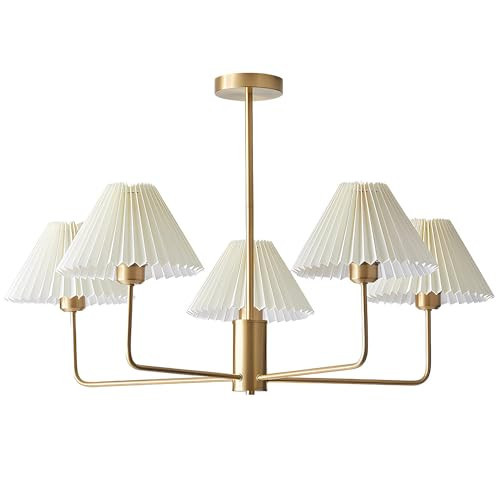 KCO Lighting 5-Lights White Pleated Fabric Pendant Light Mid Century Modern Brushed Gold Sputnik Chandelier Traditional Dining Living Room Chandelier Above Dining Table | Amazon (US)
