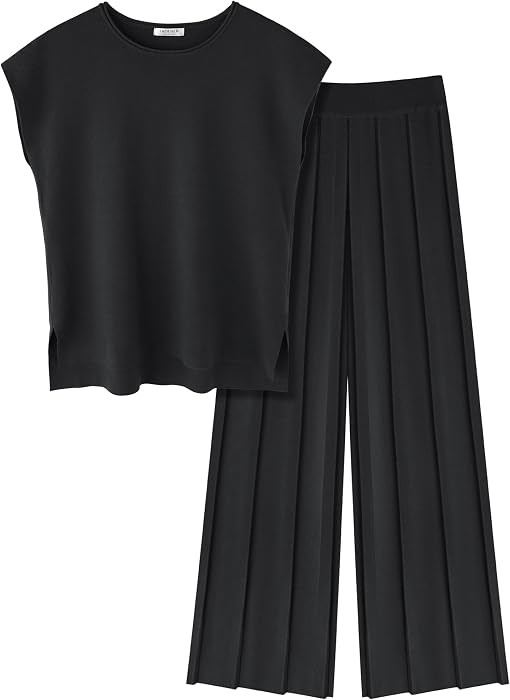 Ekouaer Lounge Sets for Women Two Piece Outfits Knit Cap Sleeve Tops Wide Leg Pleated Pants Casual Dressy Sweater Sets | Amazon (US)