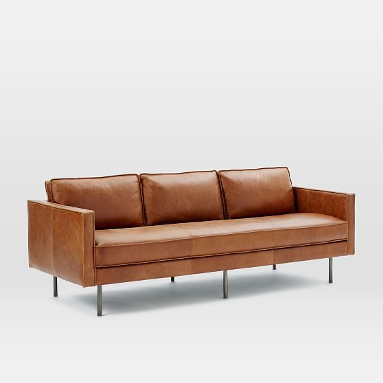 Axel 89"" Sofa, Saddle Leather, Nut, Metal | West Elm (US)