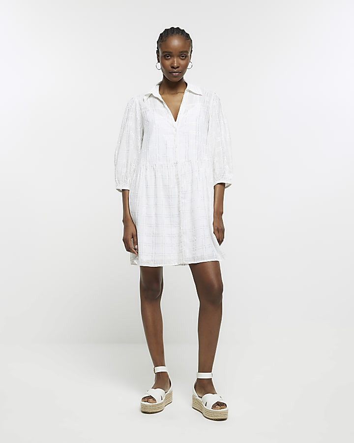 Cream check smock mini shirt dress | River Island (UK & IE)