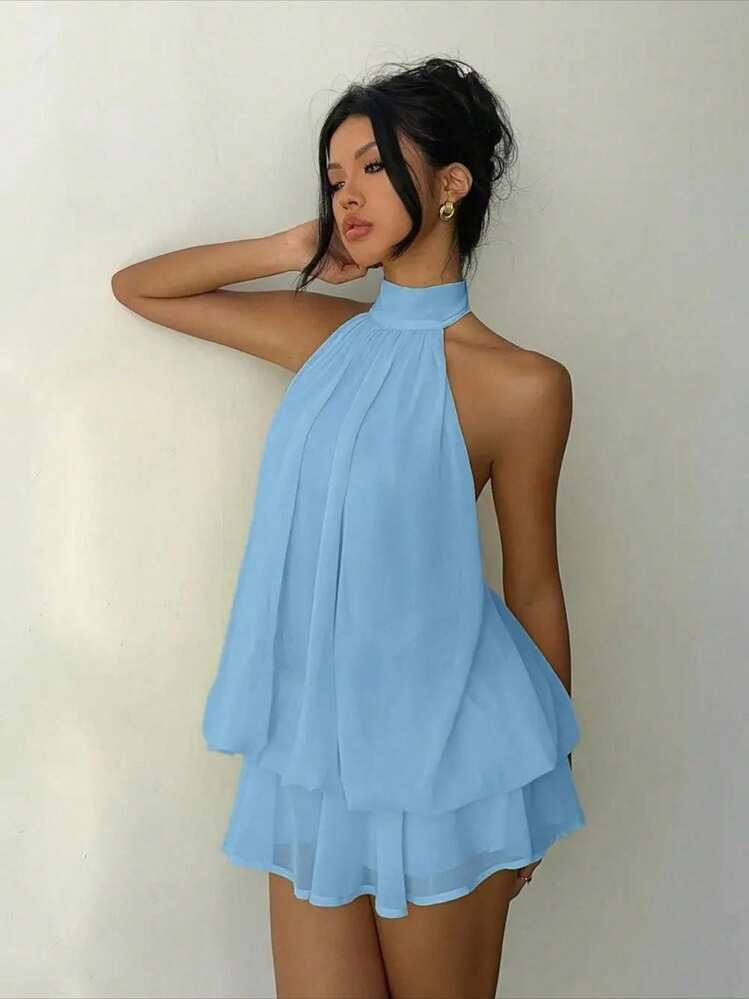 Women Halter Tie Waist Flared Mini Dress, Sexy Backless Slim Fit Vacation Ruched Short Dress Sund... | SHEIN