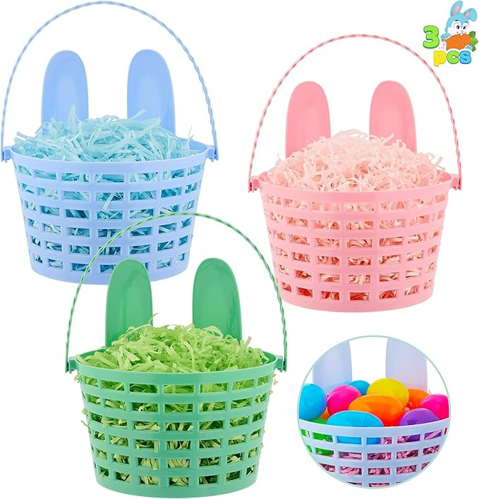 JOYIN 3 PCS Easter Plastic Baskets with Bunny Ears, Handle and 72g Shredded Paper Grass for Garde... | Amazon (US)