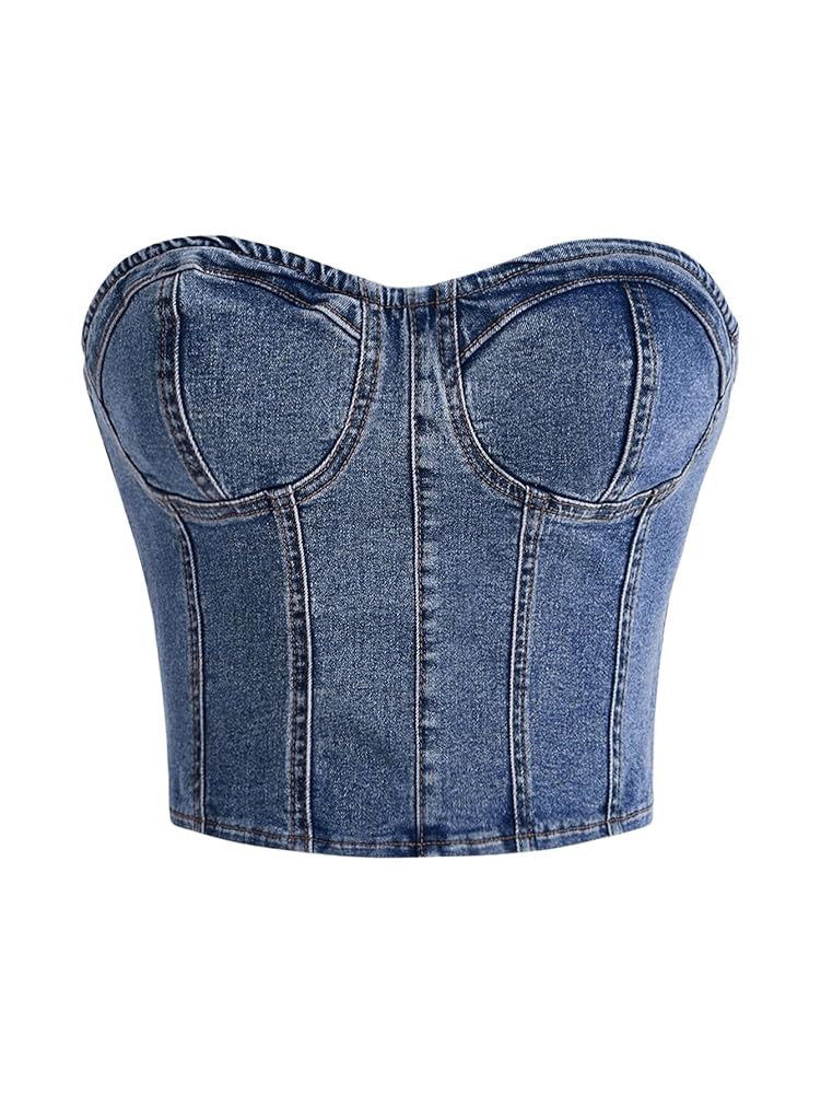 Floerns Women's Y2k Strapless Bustier Tube Sleeveless Bandeau Denim Crop Tops | Amazon (US)