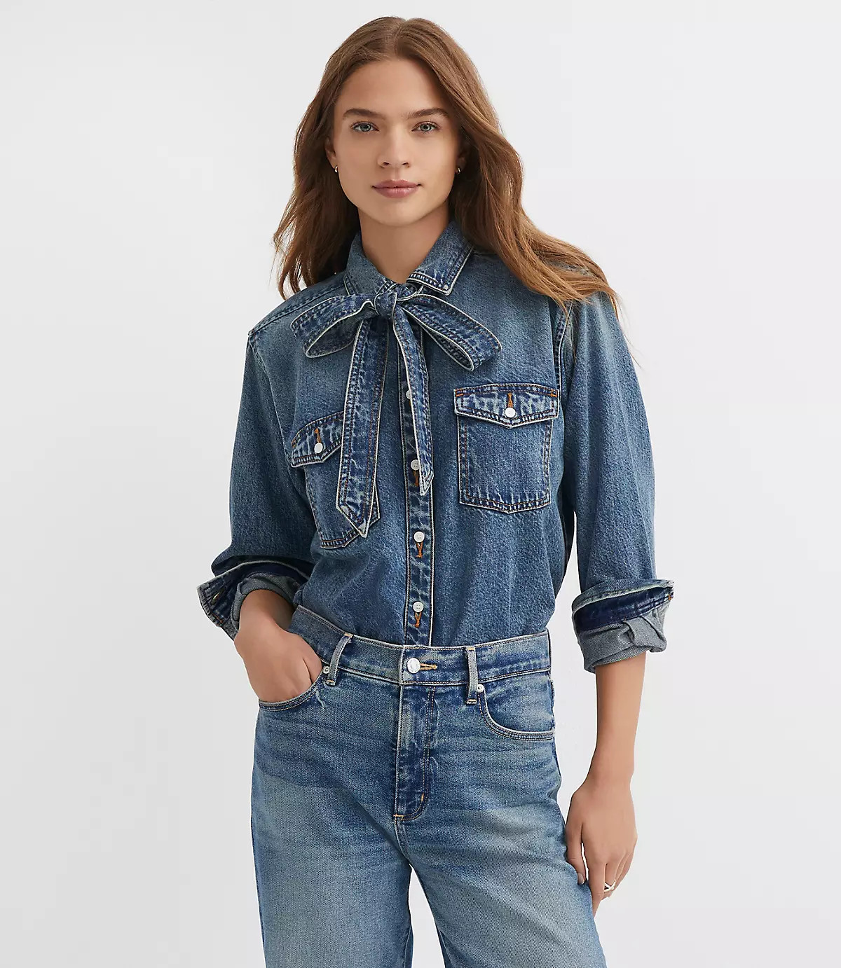 Denim Bow Blouse in Authentic Vintage Mid Wash | LOFT