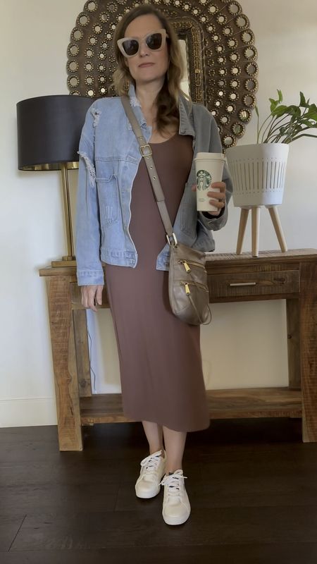 My everyday grab a coffee and run errands look ✌️ I’ve had this denim jacket on repeat since last spring.  I’ve had these sheath midi dresses for years and I wear them with different jackets all the time for different looks.  Of course I finish it off with my hobo bag.  

#LTKitbag #LTKxMadewell #LTKVideo