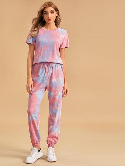 Tie Dye Tee With Drawstring Pants PJ Set | SHEIN
