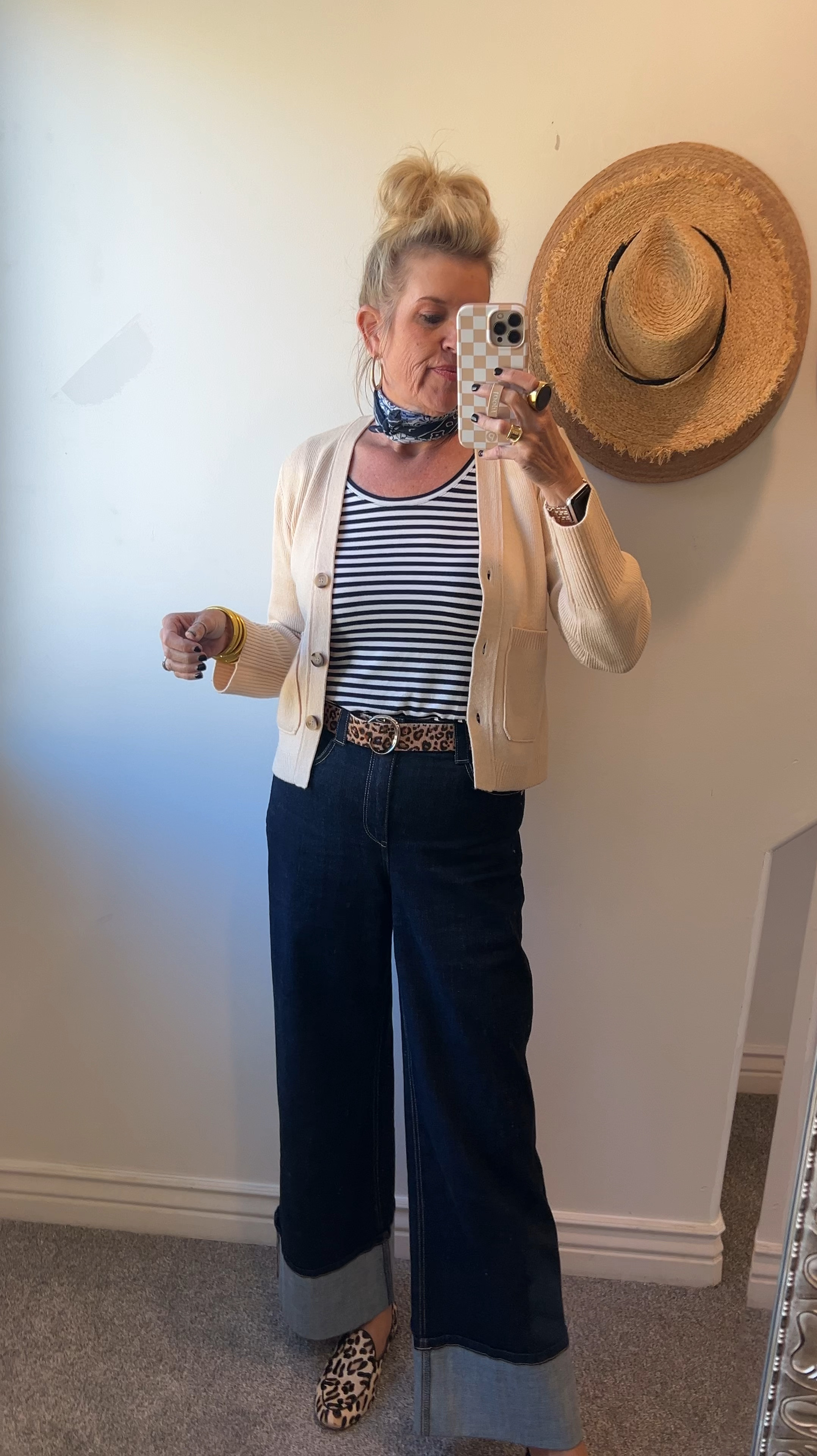 OOTD 
A little Parisian vibe with jeans and a tee plus cardigan

🚨Amazon find cardigan 
TTS on sale 

Strip long sleeve tee ljcrew tts

Dark wide leg denim with cuff by wit & wisdom 
 TTS sells out but does restocks often under $70

Leopard belt  

Leopard  flat Chicos old linked similar 

Gold hoop 

Scarf  
Budha girl bangles 

#LTKStyleTip #LTKSaleAlert #LTKFindsUnder50