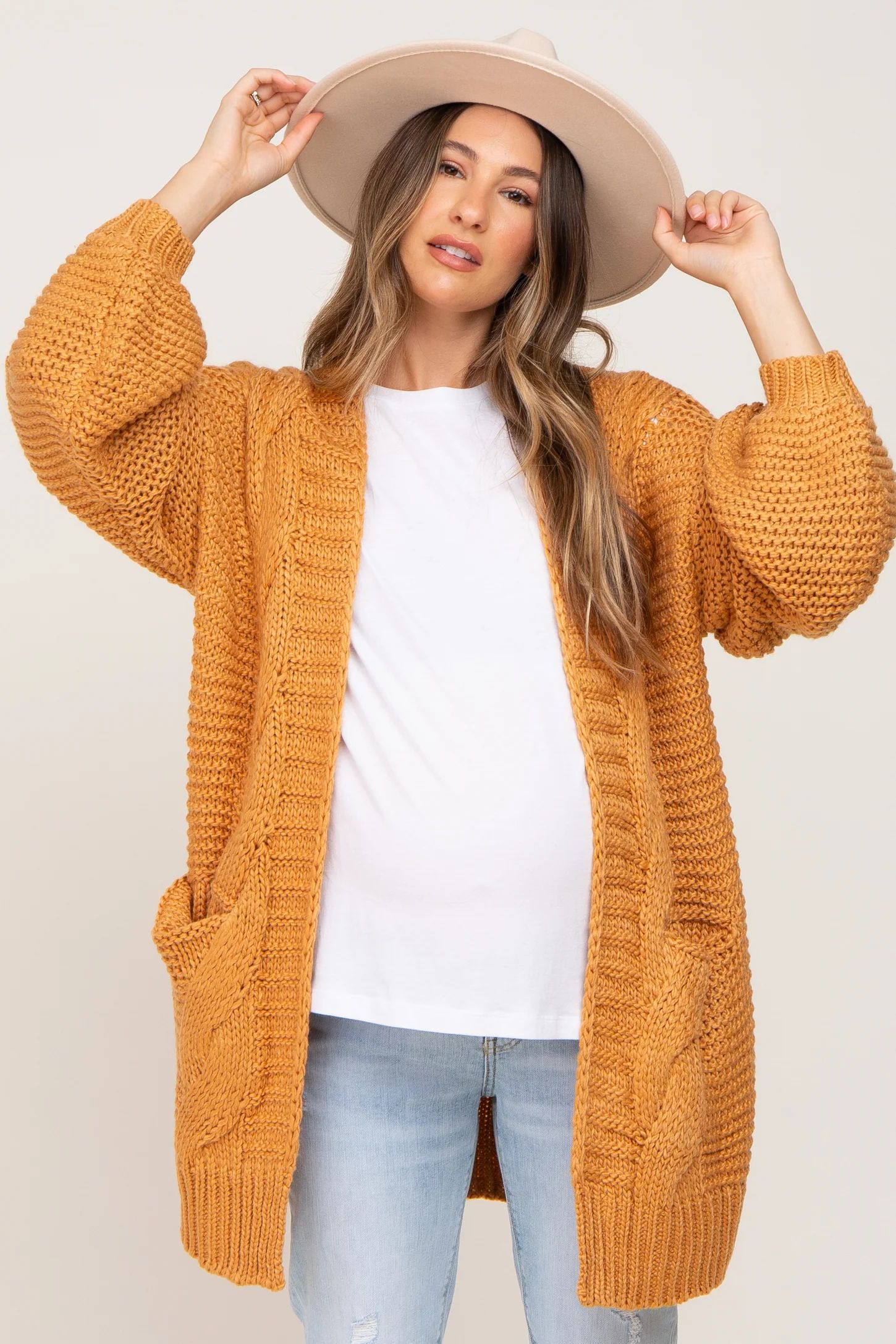 Camel Cable Knit Front Pocket Maternity Cardigan | PinkBlush Maternity