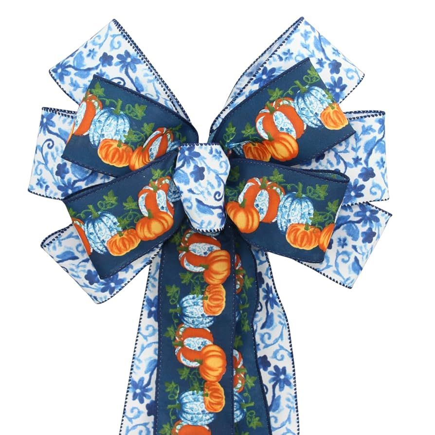 Blue Toile Pumpkins Fall Wreath Bow - Handcrafted by Package Perfect Bows | Amazon (US)
