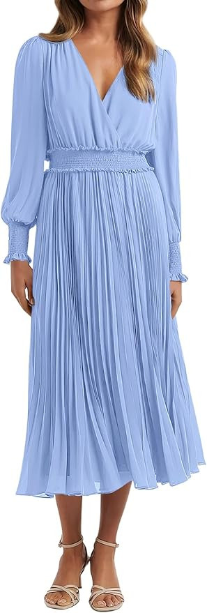 PRETTYGARDEN Womens Wrap V Neck Spring Dresses Wedding Guest Casual Pleated Long Sleeve Midi Dres... | Amazon (US)